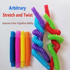 Colorful Pop Tubes sensory toys showing stretched and retracted states for tactile fun