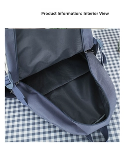 Detail view of backpack interior compartment with black lining and side buckle