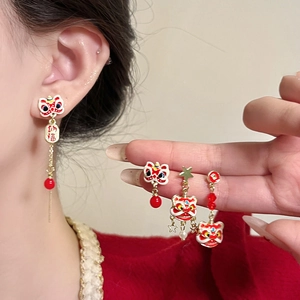 Chinese New Year lion dance stud earrings with red tassels and gold finish for women