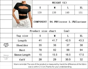 Tabla de tallas y composición de tela para top corto Y2K con 94,9% de viscosa suave