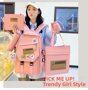Pink nylon five-piece school backpack set with tote, crossbody bag, pouch and pencil case