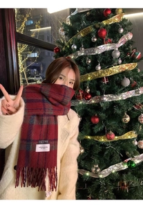 Detail of red plaid wool scarf with fringes and brand tag against a festive backdrop
