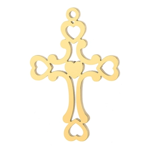 Polished gold hollow cross pendant featuring heart details and elegant scrollwork