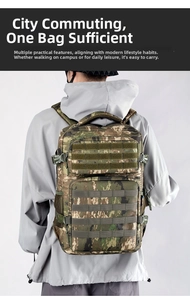 Rear view of camouflage tactical backpack with MOLLE webbing system and adjustable straps