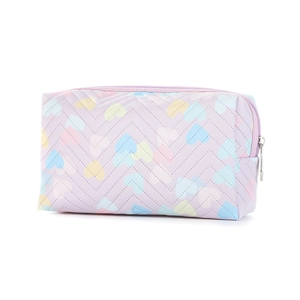 Pink heart pattern PVC makeup bag with diamond quilting and secure zipper closure