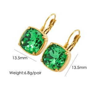 Detail view of 14k gold plated emerald square earrings with dimensions and weight info