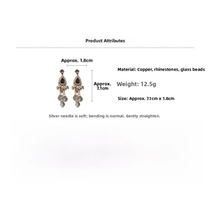 Detailed dimensions of long rhinestone water drop tassel earrings in vintage style