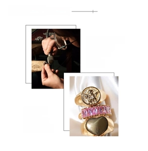 Detail of 18K gold plated stainless steel rings featuring pink zircon and heart design