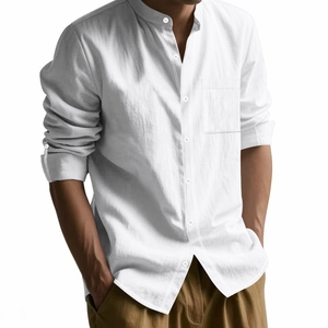 Detail of white linen shirt showing mandarin collar and chest pocket texture
