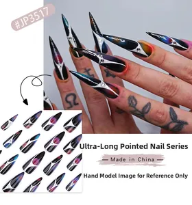 Detail of long stiletto press-on nails with dark Y2K aurora smudge and silver lines