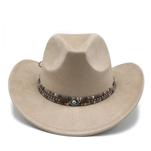 Detail of bohemian cowboy hat featuring blue evil eye charm and ethnic beaded band
