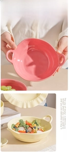 Detail of pink and cream ceramic bowls with smooth glaze finish for salad and cereal