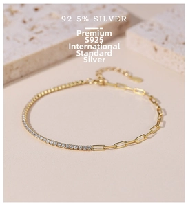 Detail of S925 sterling silver chain bracelet with micro-pave cubic zirconia inlay