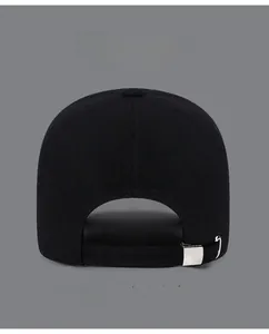 Detail of adjustable metal buckle on black cotton baseball cap with multi-color options