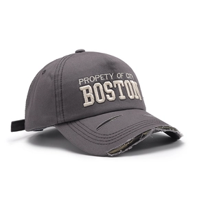 Dark grey distressed baseball cap with white 3D City Boston embroidery on cotton fabric
