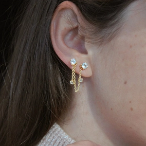 Detailed close-up of gold 925 sterling silver tassel earrings with round zircon studs