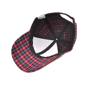 Plaid baseball cap with red, blue and white patterns and adjustable polyester strap
