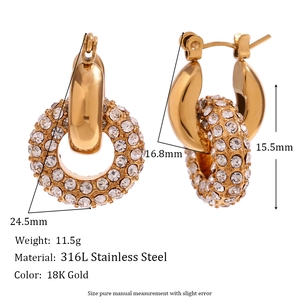 18K gold plated stainless steel hoop earrings with micro-pave donut ring charms