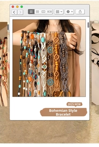 Détail d'une ceinture bohème tressée à la main avec perles en bois et coquillages
