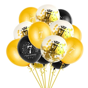 Golden and black 7th birthday party balloon set with Happy Birthday confetti balloons