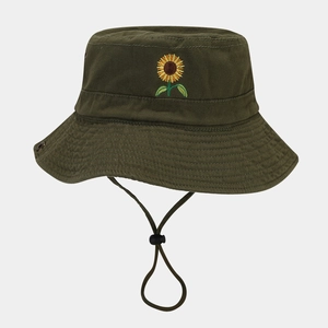 Detail of olive green cotton bucket hat with sunflower embroidery and adjustable wind string