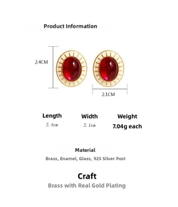 Detail specifications of vintage oval red glass earrings with brass gold plating