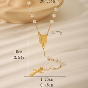 Gold cross necklace with faux pearls and virgin mary medal featuring product dimensions