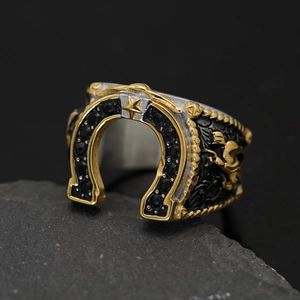 Horseshoe Cowboy Boots Ring 316 Stainless Steel Western Style Two-Tone Gold Silver Black Rhinestone Star For Men