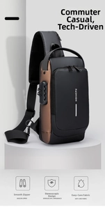 Detail view of water-resistant sling bag with anti-theft lock and USB port for men
