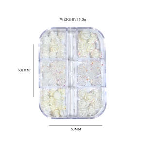 3D white resin camellia nail art charms set in 6-grid transparent plastic organizer box