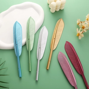 Creative realistic metal feather pens in six assorted colors for office and gift use