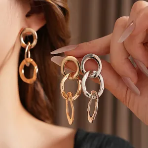 Hammered Texture Geometric Interlocking Triple Ring Drop Earrings Copper Alloy With Silver Earring Post For Women