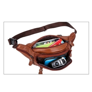 Retro brown genuine leather waist bag with multiple zipper pockets and large capacity