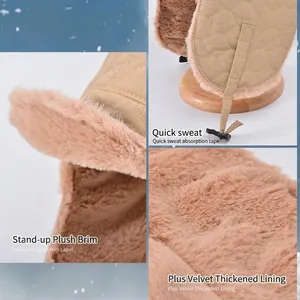 Winter thermal trapper hat with khaki quilted shell and thick faux fur ear flaps