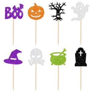 Eight glittery Halloween cake toppers featuring ghosts and pumpkins on white background