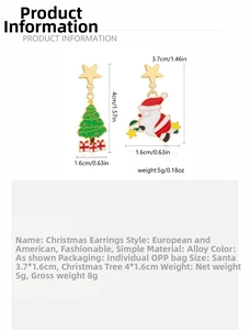 Detail of Christmas earrings featuring Santa and tree with size and weight metrics