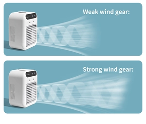 Detail showing weak and strong wind gear settings on white portable mini air cooler