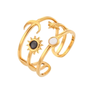 Three-layer 18K gold plated stainless steel ring with sun, moon, and star enamel motifs