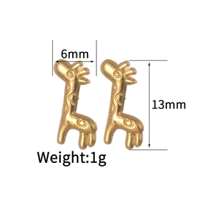 Detail shot of 18K gold giraffe stud earrings with dimensions 13mm by 6mm and 1g weight