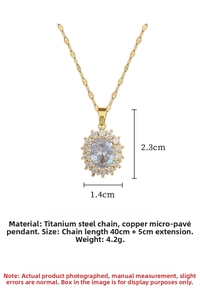 Detailed view of sunflower pendant with oval zircon and dimensions of the necklace