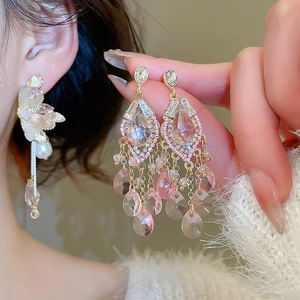 Luxurious gold butterfly wings earrings with pearls and long crystal tassels for women