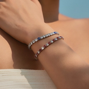 Luxury tennis bracelet with zircon stones and colorful evil eye beads on silver chain