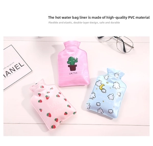 Detail of durable PVC hot water bottles featuring cartoon cactus and strawberry prints