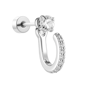 Silver U-shaped stainless steel earrings with micro-pave zircon crystals on white background