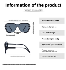Detailed size guide and technical specs for sport sunglasses showing frame dimensions