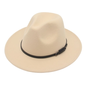 Classic beige wool fedora hat with elegant black leather band and metal buckle detail