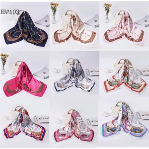 Detailed grid of 90cm satin square scarves with classic horse and chain motifs