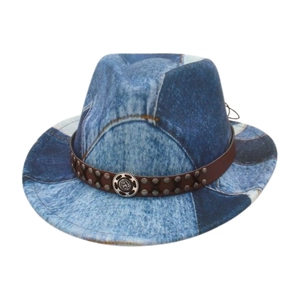 Kids vintage patchwork denim fedora hat with studded leather band and western metal badge