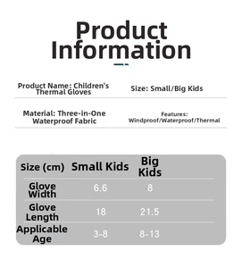 Size chart for children's waterproof winter gloves showing width and length specifications