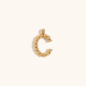 Detailed view of an 18K gold-plated stainless steel letter C pendant with twist texture